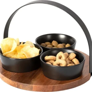 Antipastiera Base Legno Con Manico Metallo + 3 Ciotole Vassoio Finger Food