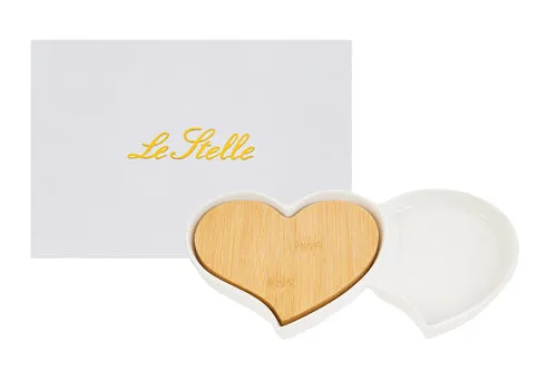 ANTIPASTIERA CUORI PORCELLANA BIANCA CON PIANO LEGNO (25x13.5x2.5cm) CON ASTUCCIO
