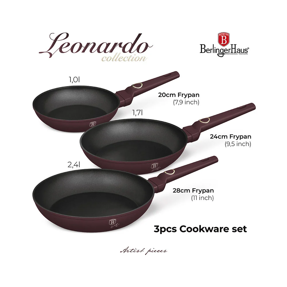 Berlinger Haus Bratpannen Haus Set 3-partite Ø 20/24/28 cm Matt Bordeaux Collezione Leonardo