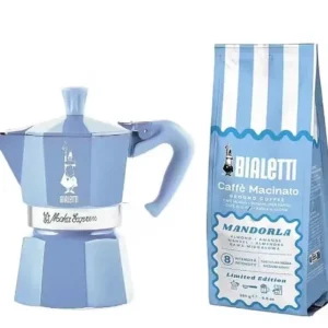 Bialetti Moka Express Alluminio Set Caffettiera 3 Tazze Turchese con Caffè Macinato Mandorla 250g aromatizzato alla Mandorla