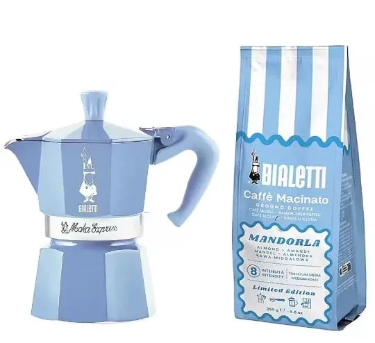 Bialetti Moka Express Alluminio Set Caffettiera 3 Tazze Turchese con Caffè Macinato Mandorla 250g aromatizzato alla Mandorla