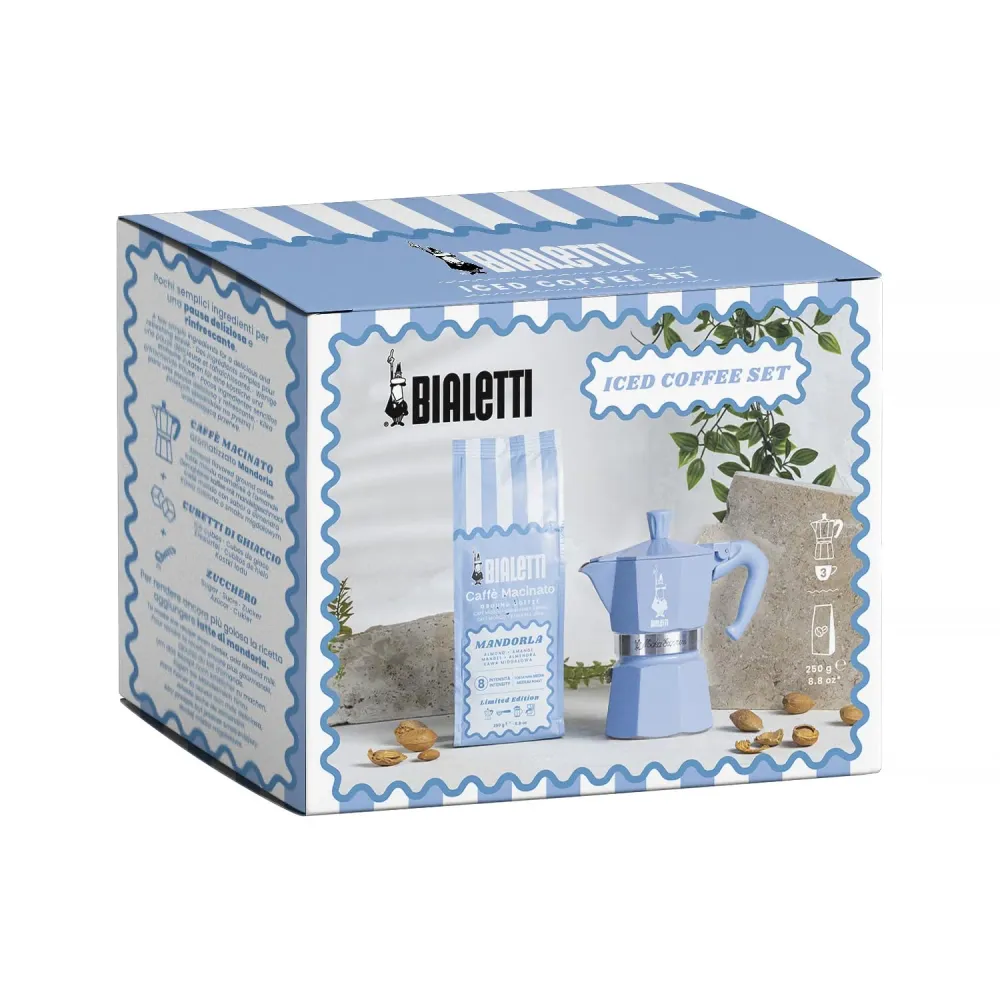Bialetti Moka Express Alluminio Set Caffettiera 3 Tazze Turchese con Caffè Macinato Mandorla 250g aromatizzato alla Mandorla