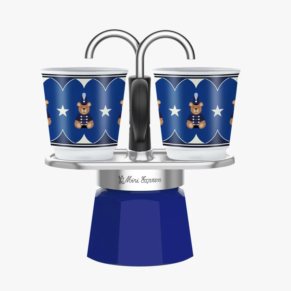 Bialetti Set Mini Express Natale 2025, Moka Alluminio, Caffettiera Blu con 2 Tazze, Edizione Speciale Joyful Memories