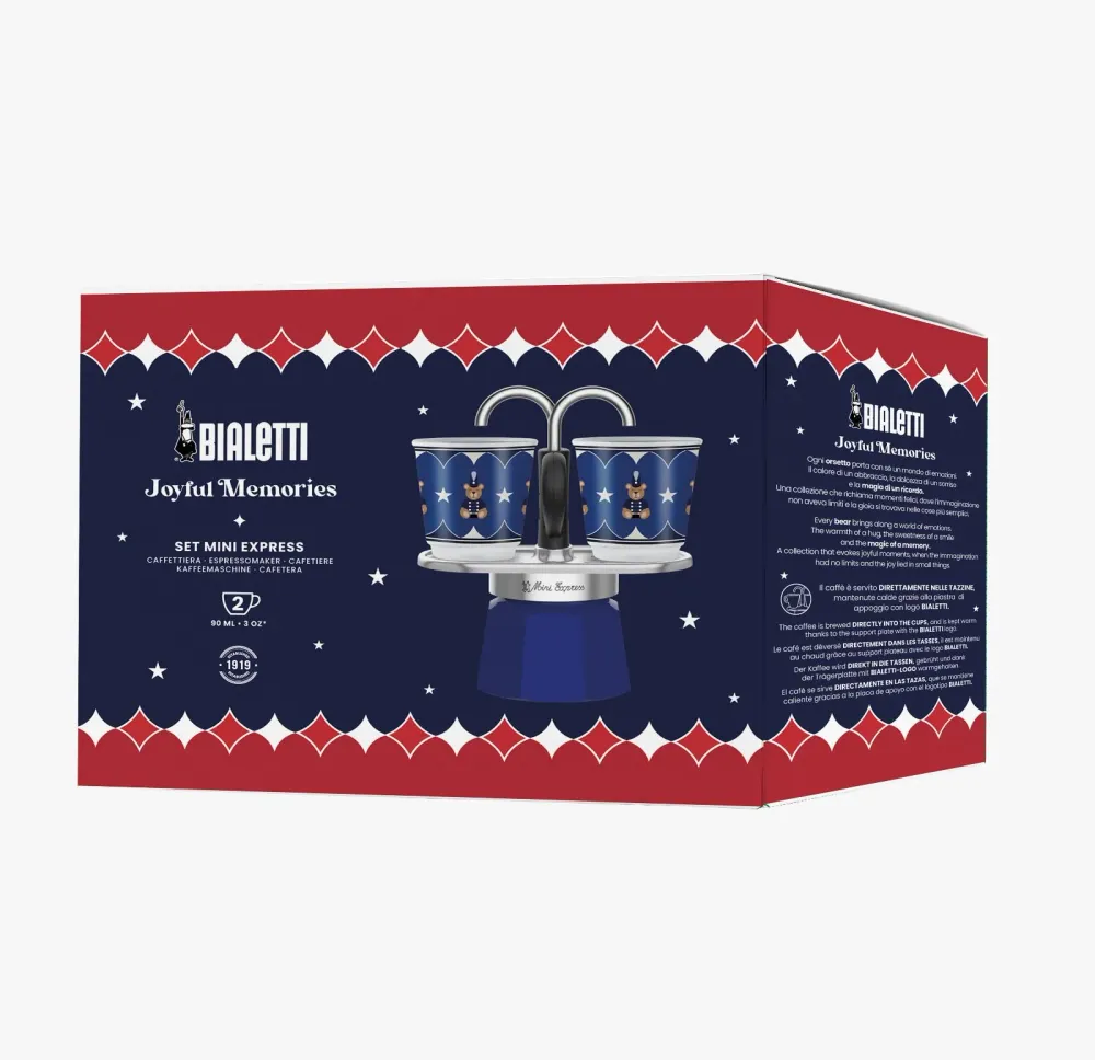 Bialetti Set Mini Express Natale 2025, Moka Alluminio, Caffettiera Blu con 2 Tazze, Edizione Speciale Joyful Memories