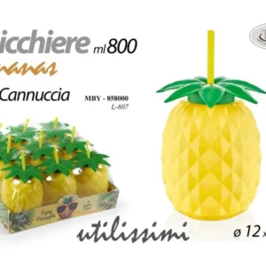 Bicchiere ananas con cannuccia per cocktail capacita' 800ml misura 12x25cm