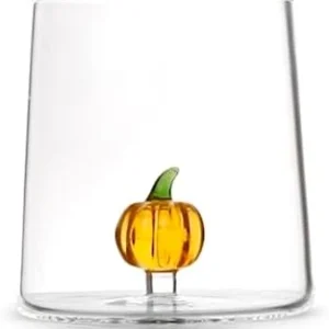 Bicchiere vetro borosilicato trasparente con miniature decoro zucca arancioH&H