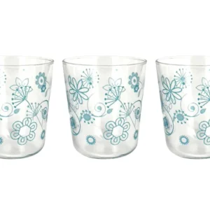 Bicchieri acqua vetro 315cc Simply flower azzurro, confezione da 3 bicchieri - Cerve