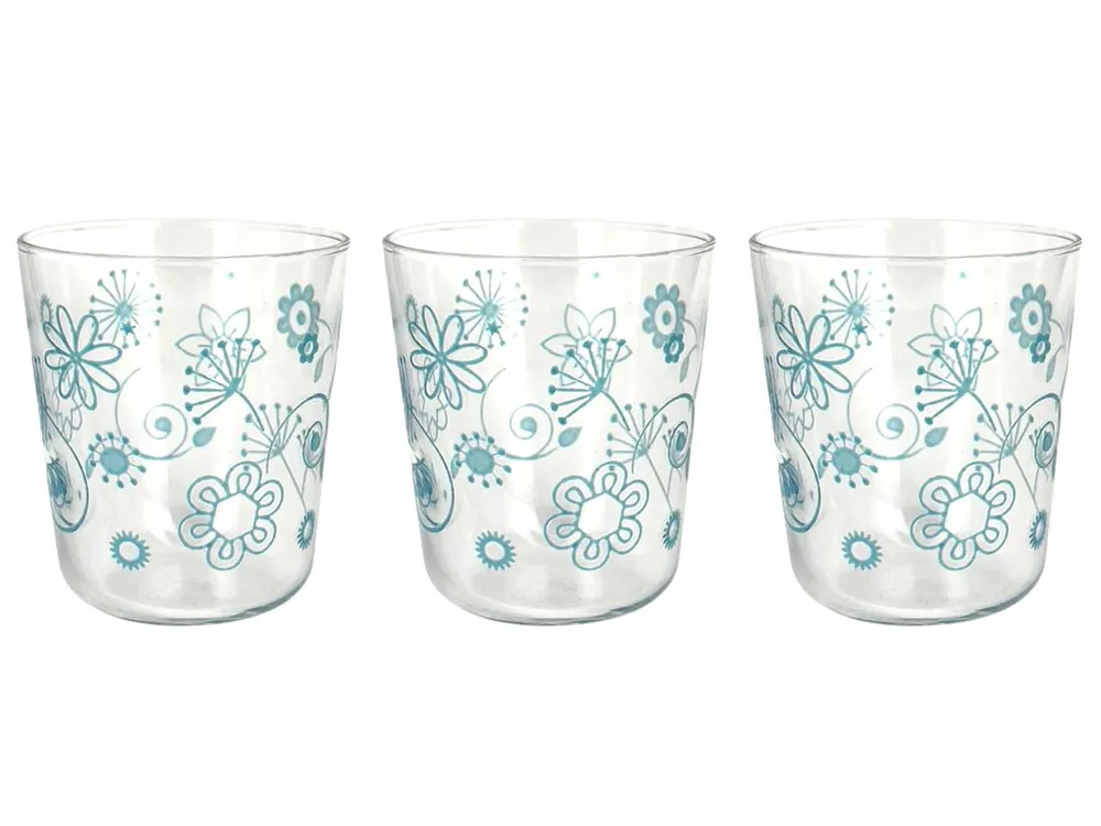 Bicchieri acqua vetro 315cc Simply flower azzurro, confezione da 3 bicchieri - Cerve