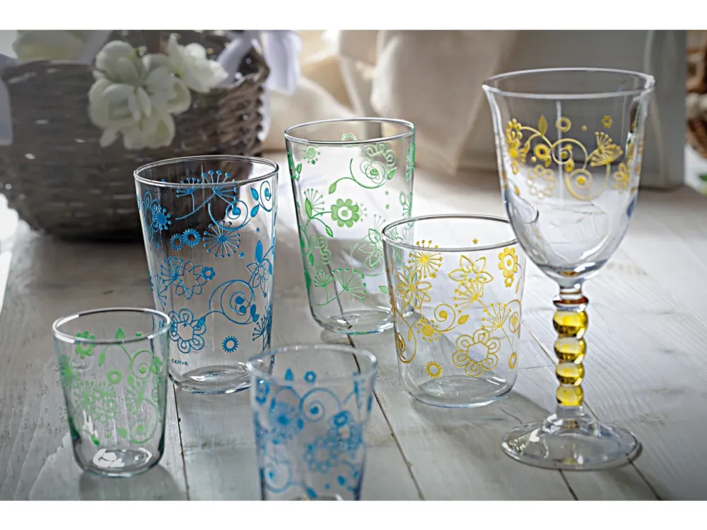 Bicchieri acqua vetro 315cc Simply flower azzurro, confezione da 3 bicchieri - Cerve