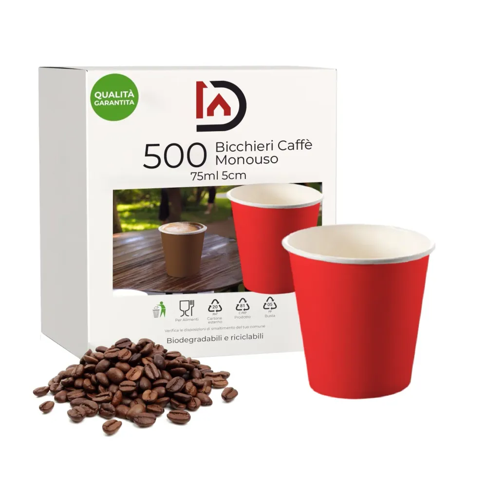 Bicchieri Caffe Carta 75ml H. 5cm Maxi Scorta 500pz 100% Biodegradabili Rosso