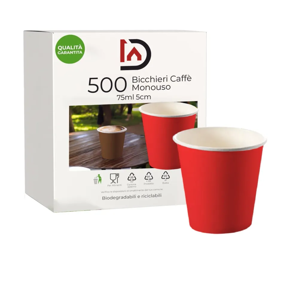 Bicchieri Caffe Carta 75ml H. 5cm Maxi Scorta 500pz 100% Biodegradabili Rosso