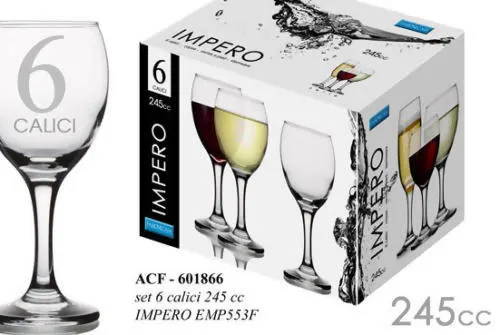 6 BICCHIERI Calici vetro 245CC per Acqua e Vino Bicchiere Vetro elegante art . ACF 601866 IMPERO Passione Casa