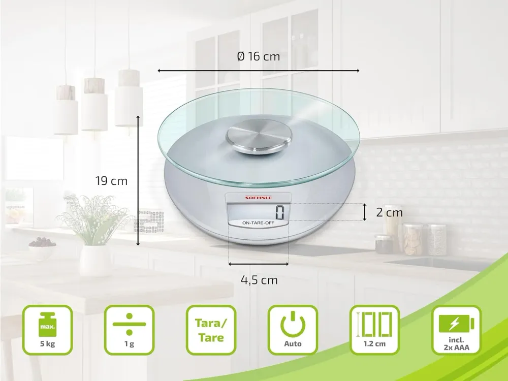 Bilancia Da Cucina Digitale Roma Silver Con Piatto Vetro Rimovibile Portata 5 Kg Precisione 1 G Display Lcd Soehnle
