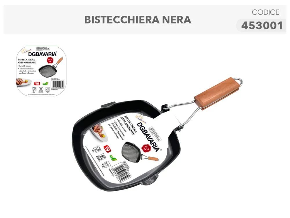 Bistecchiera antiaderente metallo e legno quadrata nera 24x24 cm - Casalinghi del Giudice