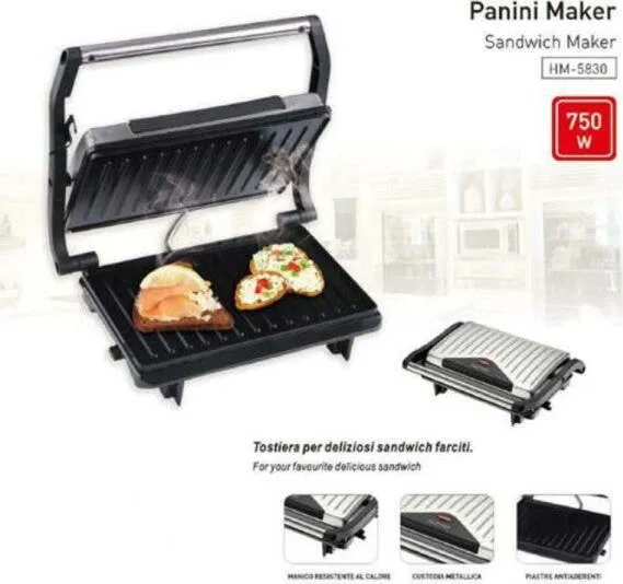 Bistecchiera Elettrica Piastra Per Panini 750 Watt Toast Con Apertura Basculante