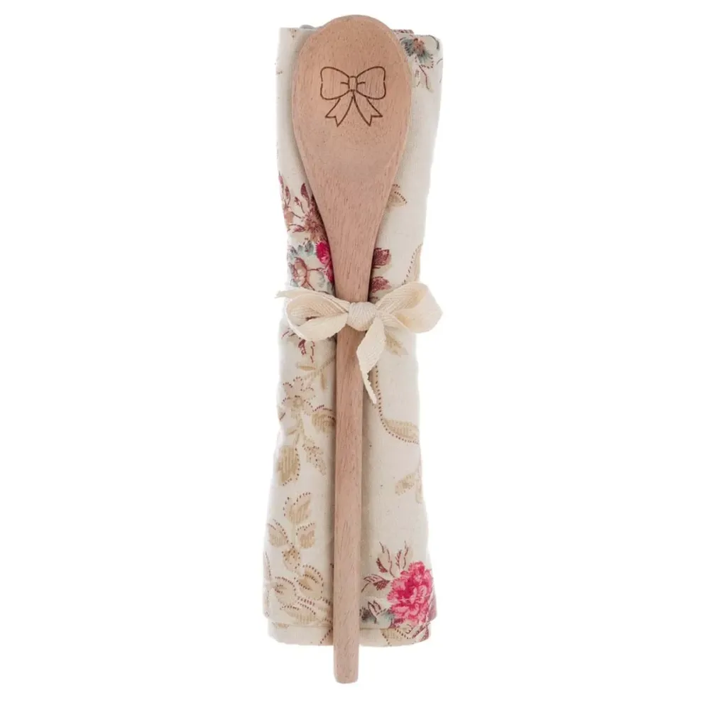 BLANC MARICLO' Set strofinaccio con mestolo idea regalo canovaccio fiori beige