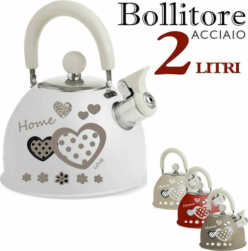 Bollitore Acciaio Vintage Capacità 2 Litri Teiera Con Fischio Cuori Shabby