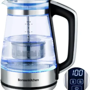 Bollitore Elettrico vetro, Bosenkitchen 1.7L Impostazione della temperatura (40 ℃ -100 ℃) Bollitore con filtro rimovibile,...