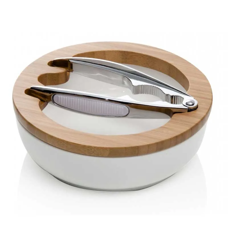 BRANDANI Ciotola Portanoci 19,5cm Bianca Bamboo con Schiaccianoci Porcellana
