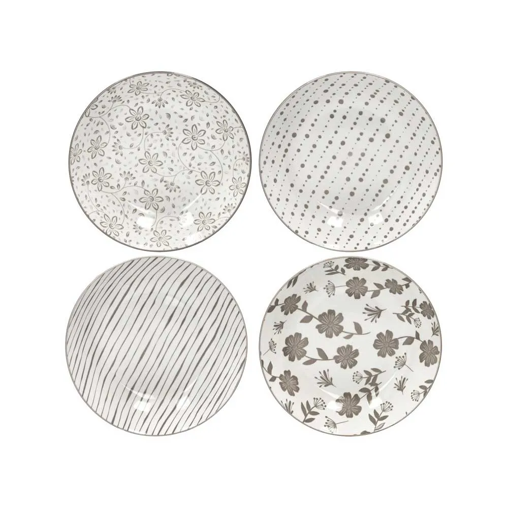 BRANDANI Piatto Fondo Loto Tortora Set 4 Pezzi Decori Assortiti Porcellana 20cm