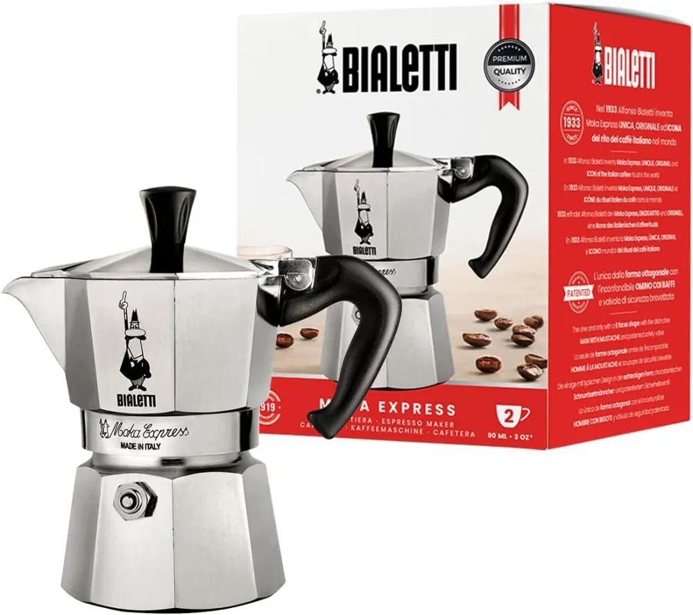 Caffettiera Moka Express Restyling 2 Tazze Alluminio Con Manico Ergonomico Made Italy Bialetti