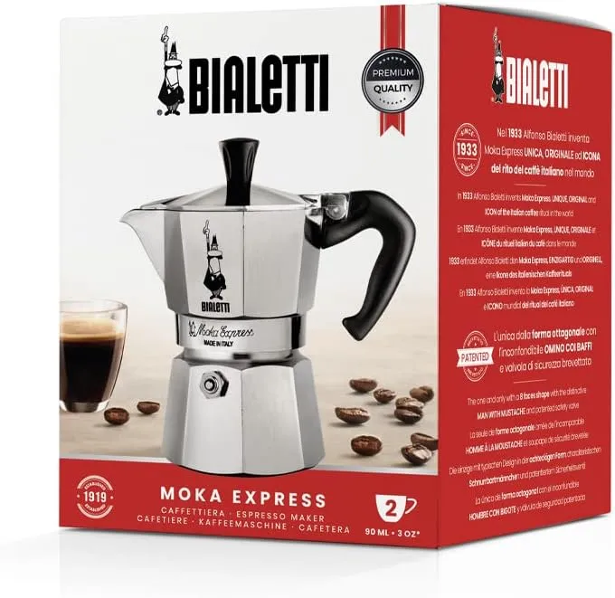Caffettiera Moka Express Restyling 2 Tazze Alluminio Con Manico Ergonomico Made Italy Bialetti
