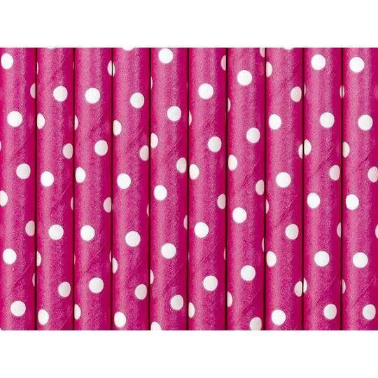 10 Cannucce di Cartone Rosa Scuro / Punti Bianchi