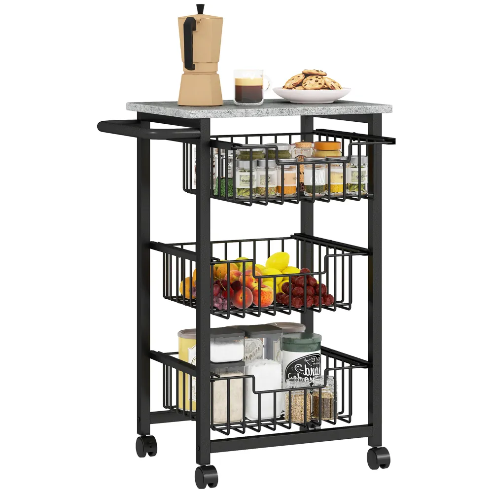Carrello da Cucina 49,5x31x69 cm 3 Cestelli con Maniglia Acciaio e Legno Nero e Grigio Chiaro