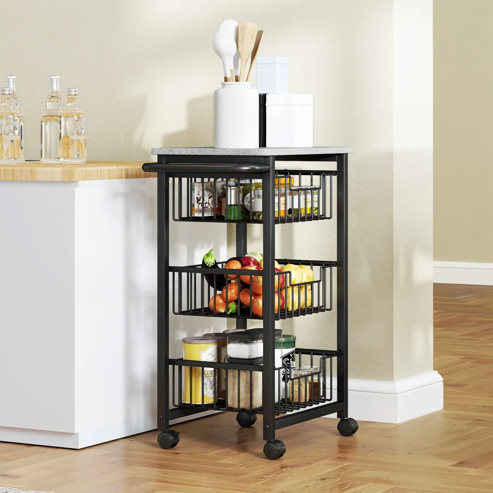 Carrello da Cucina 49,5x31x69 cm 3 Cestelli con Maniglia Acciaio e Legno Nero e Grigio Chiaro