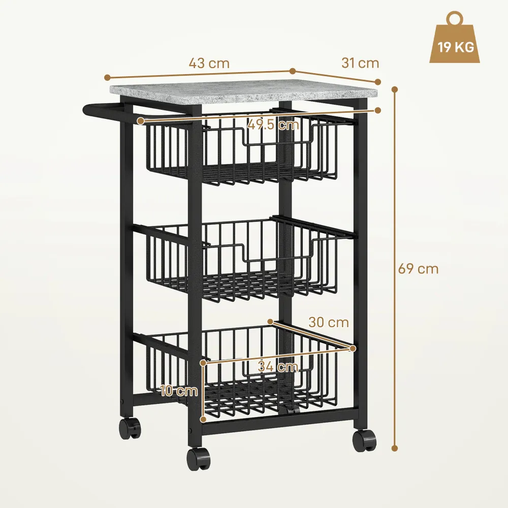 Carrello da Cucina 49,5x31x69 cm 3 Cestelli con Maniglia Acciaio e Legno Nero e Grigio Chiaro