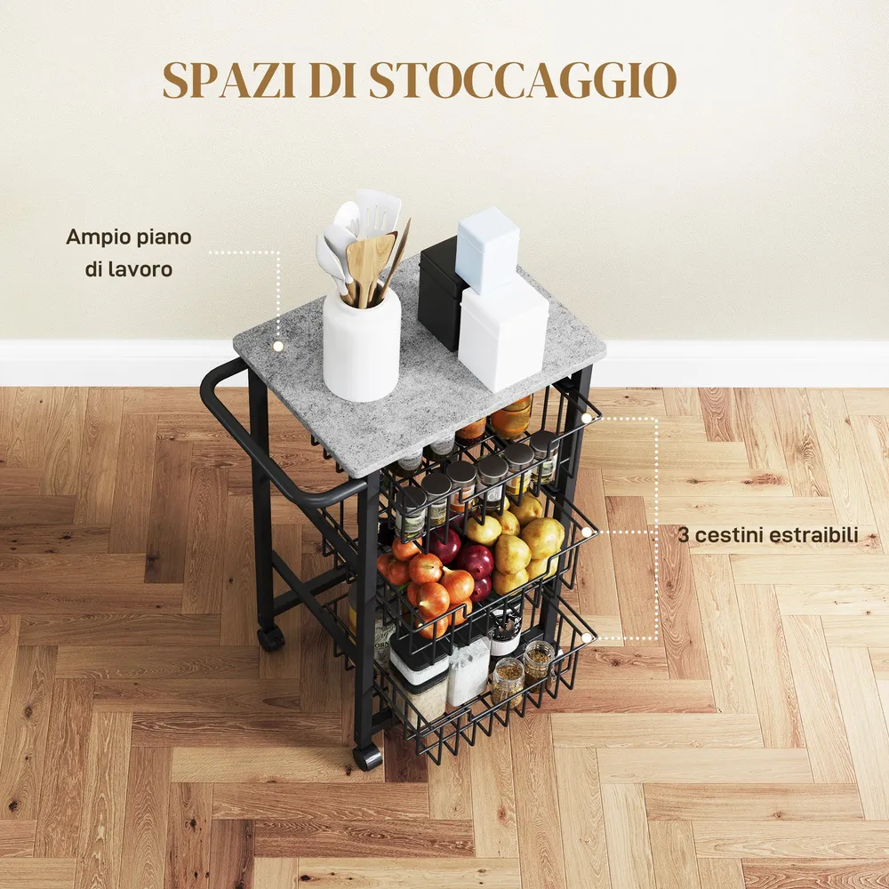 Carrello da Cucina 49,5x31x69 cm 3 Cestelli con Maniglia Acciaio e Legno Nero e Grigio Chiaro