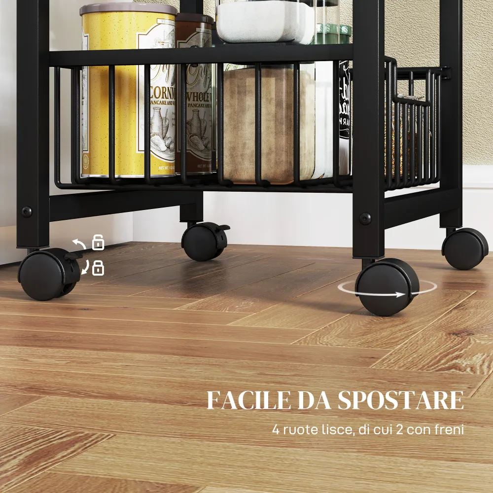 Carrello da Cucina 49,5x31x69 cm 3 Cestelli con Maniglia Acciaio e Legno Nero e Grigio Chiaro