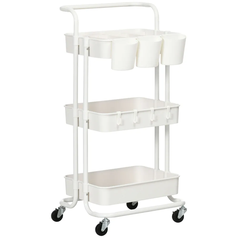 Carrello da Cucina Multiuso 3 Livelli con Cestini e Ganci Rimovibili Ripiano con 12 Divisori Acciaio e ABS Bianco