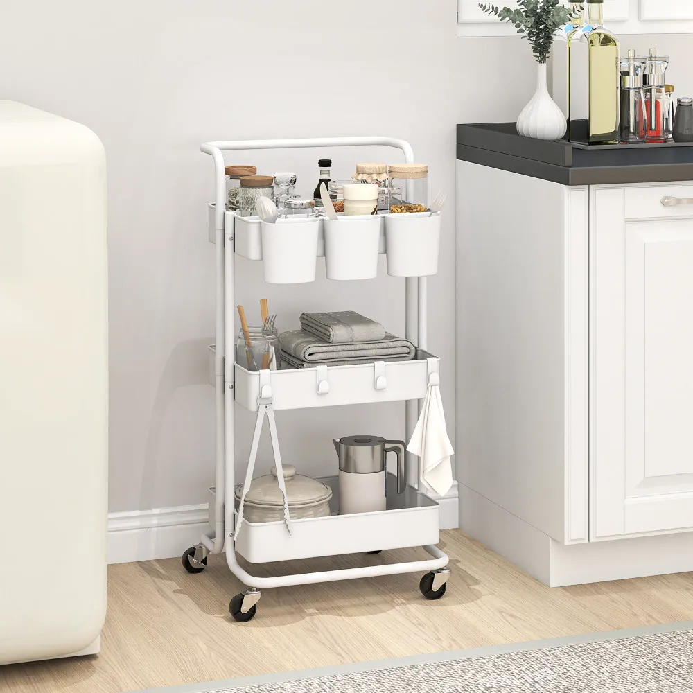 Carrello da Cucina Multiuso 3 Livelli con Cestini e Ganci Rimovibili Ripiano con 12 Divisori Acciaio e ABS Bianco