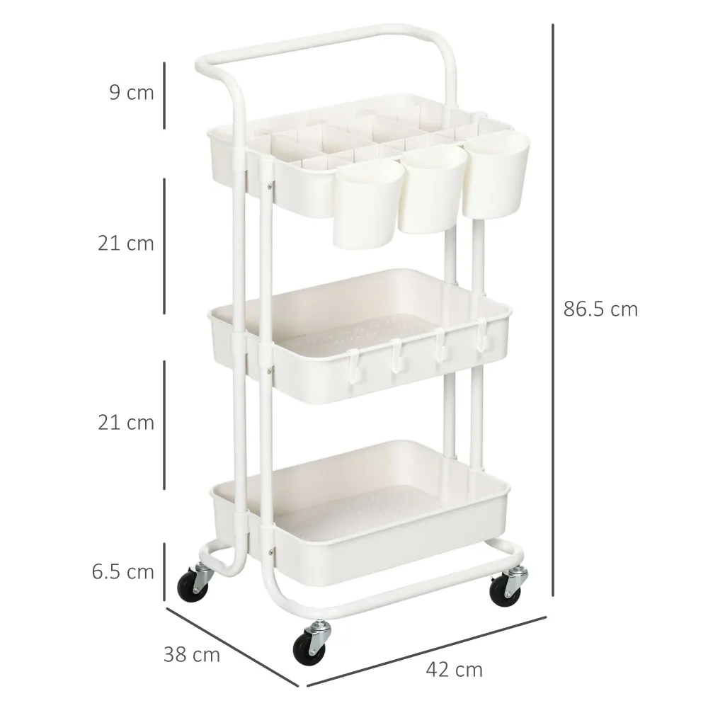 Carrello da Cucina Multiuso 3 Livelli con Cestini e Ganci Rimovibili Ripiano con 12 Divisori Acciaio e ABS Bianco