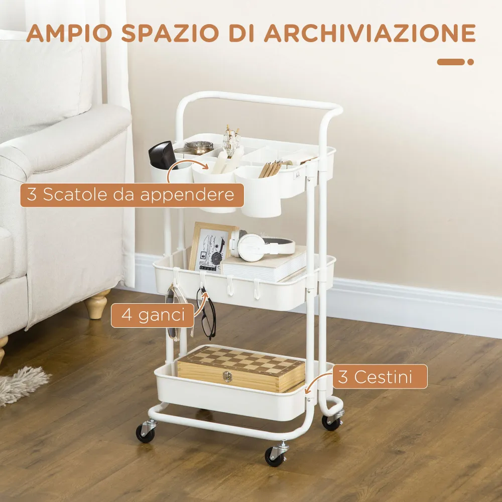 Carrello da Cucina Multiuso 3 Livelli con Cestini e Ganci Rimovibili Ripiano con 12 Divisori Acciaio e ABS Bianco