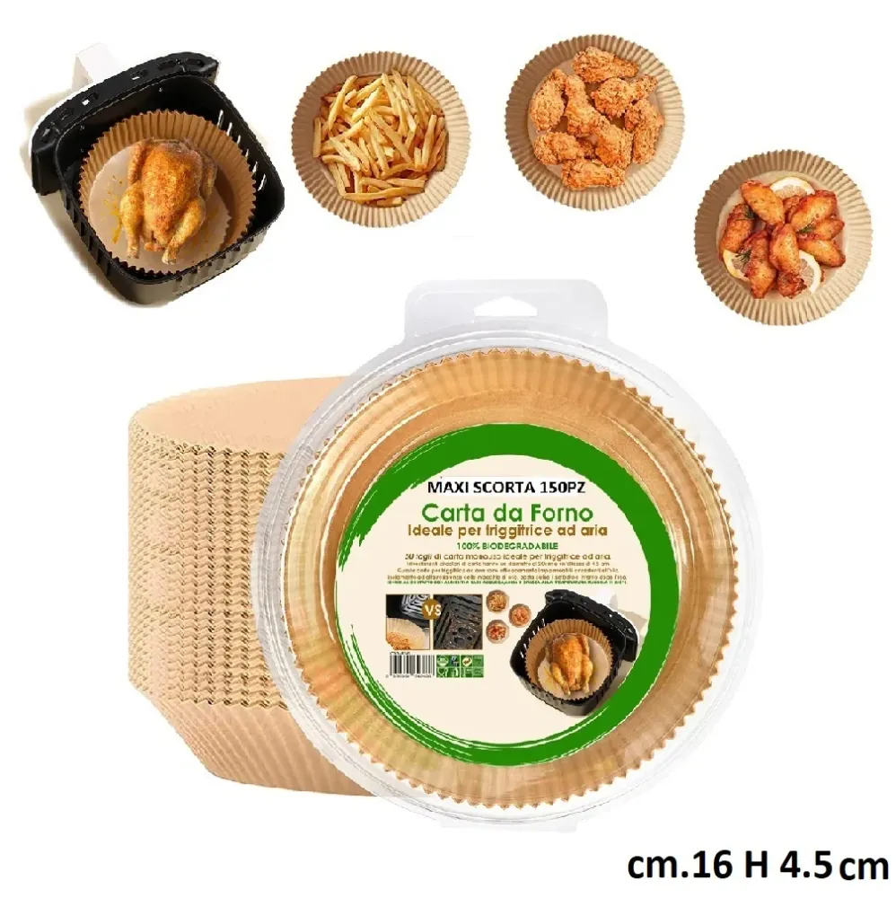 Carta Forno per Friggitrice ad Aria e forno 150pz D.16 H4,5cm Biodegradabili
