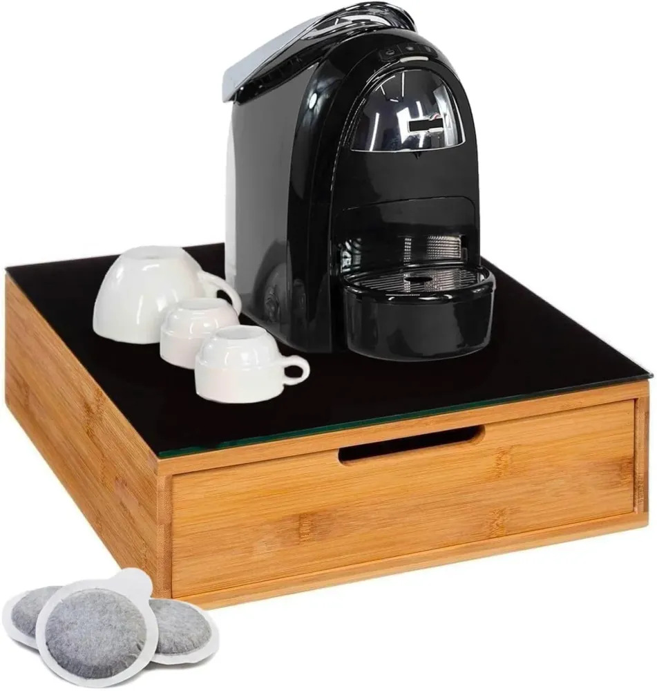 Casa Milano Porta Capsule Caffè Bambù con Cassetto & Ripiano Vetro - Organizer Salvaspazio