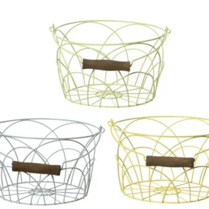 Cesto rotondo ferro verniciato polvere con manico legno di pino h.12xd.20cm - disponibili 3 colori assortiti