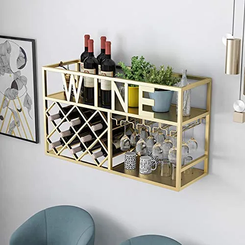 Porta bottiglie da vino Portabottiglie da parete con supporto vetro, portabottiglie da appendere metallo rustico da 31,5 p...