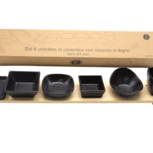 Ciotoline per antipasti set orientale ceramica nera e vassoio bamboo - 49,5x8x10cm - Creare