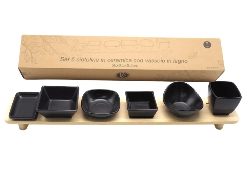 Ciotoline per antipasti set orientale ceramica nera e vassoio bamboo - 49,5x8x10cm - Creare
