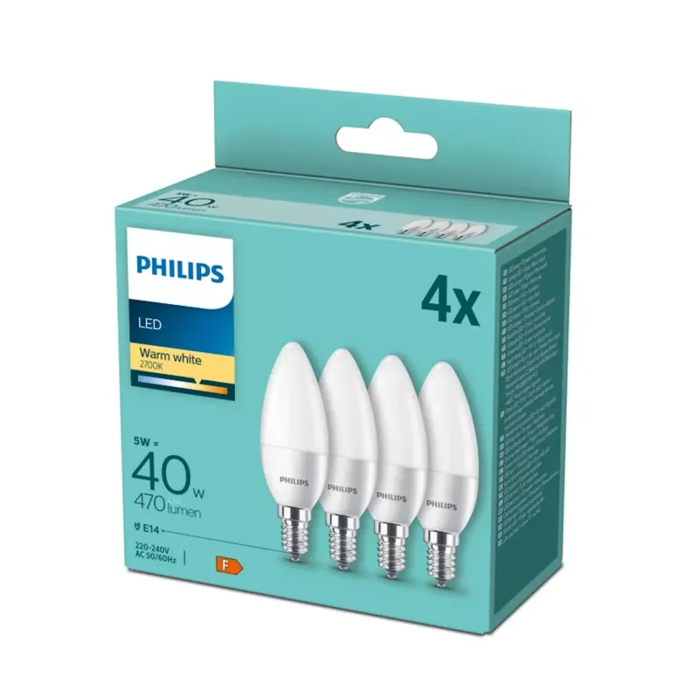 Confezione 4 Lampadine LED E14 Philips 5W 470 Lumen 2700K Candela