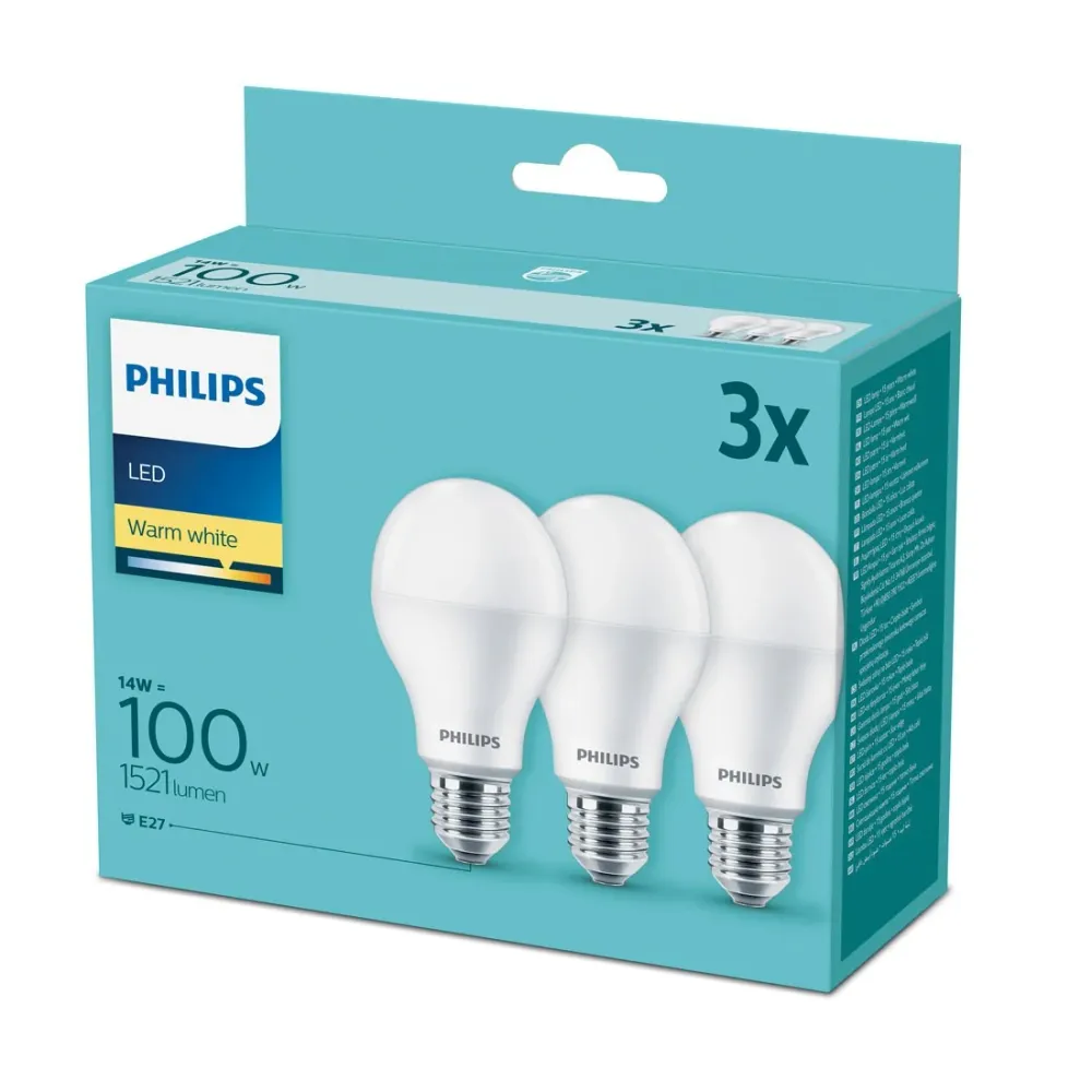 Confezione 3 Lampadine LED E27 Philips 13W 1521 Lumen 2700K Luce Calda 100W