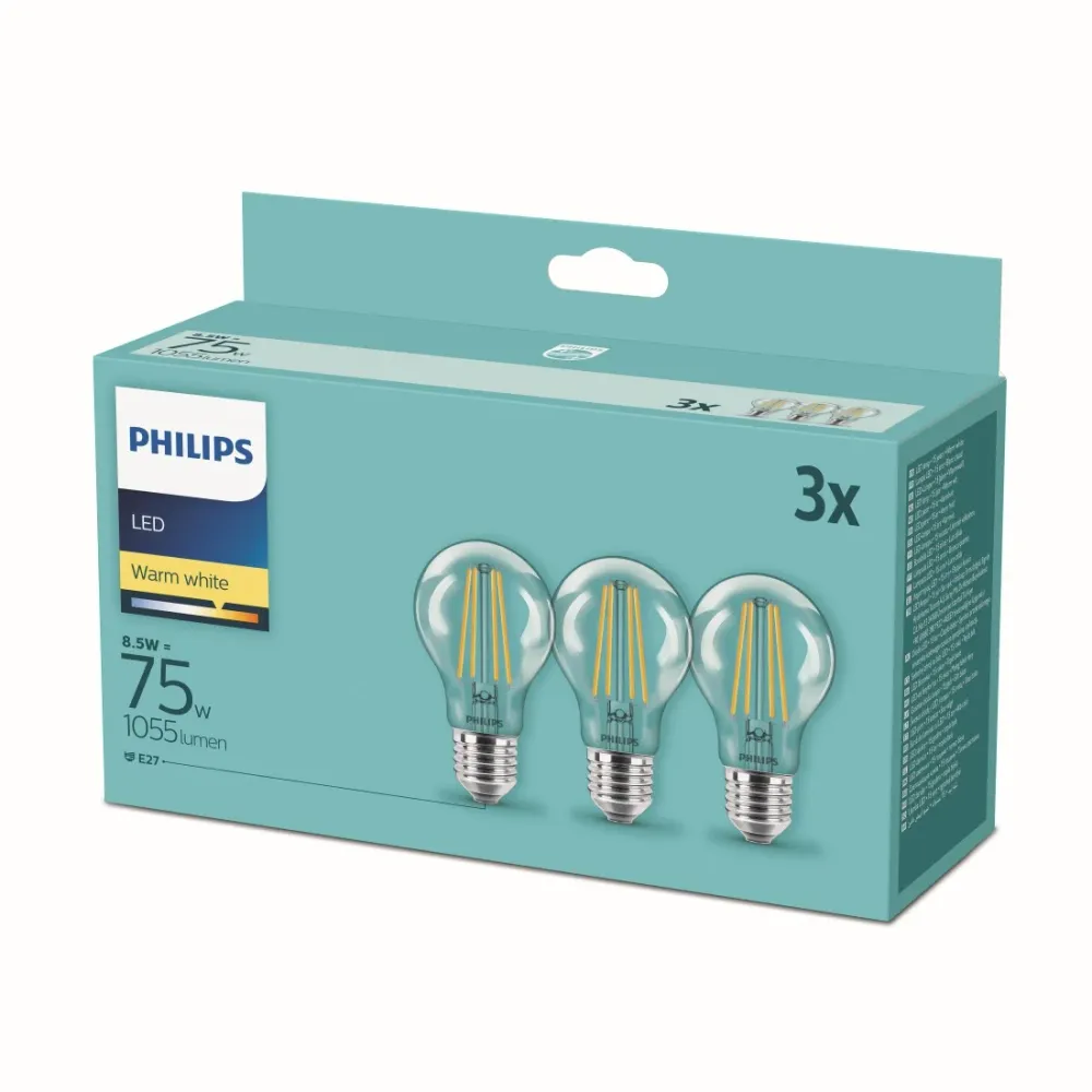 Confezione 3 Lampadine LED E27 Philips 8,5W 1055 Lumen 2700K Trasparenti 75W