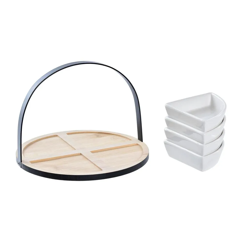 Conjunto para Aperitivos DKD Home Decor Branco/Preto Metal Bambu Grés Loft 4 Peças 21,5 x 21,5 x 14 cm