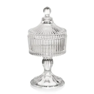 Coppa potiche con coperchio e alzata, vetro trasparente, decoro rilievo, Radius, stile classico h.18xd.9,5 cm - Franco