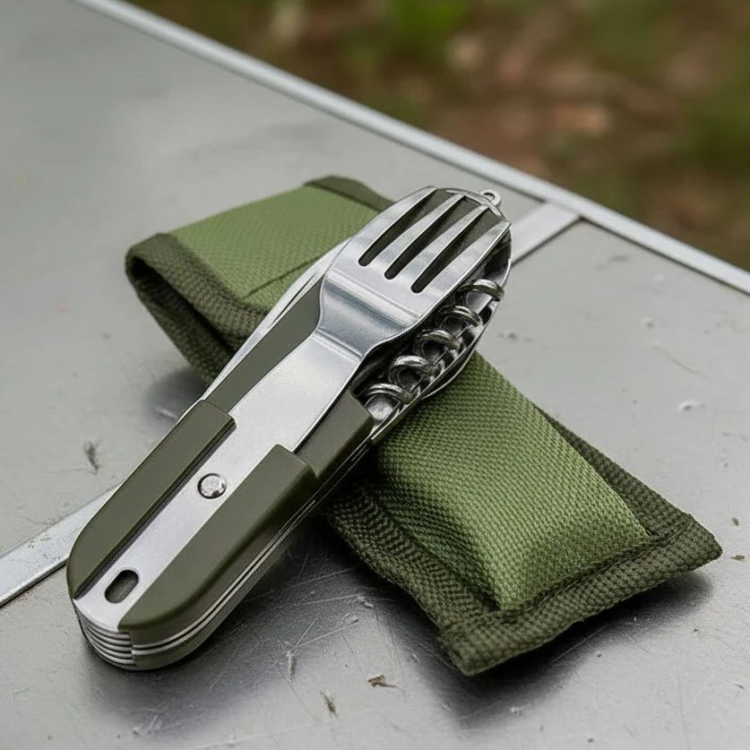 CAMPDINE – Set di posate da campeggio 7 1 acciaio inox, pieghevole e salvaspazio Cozey Maison