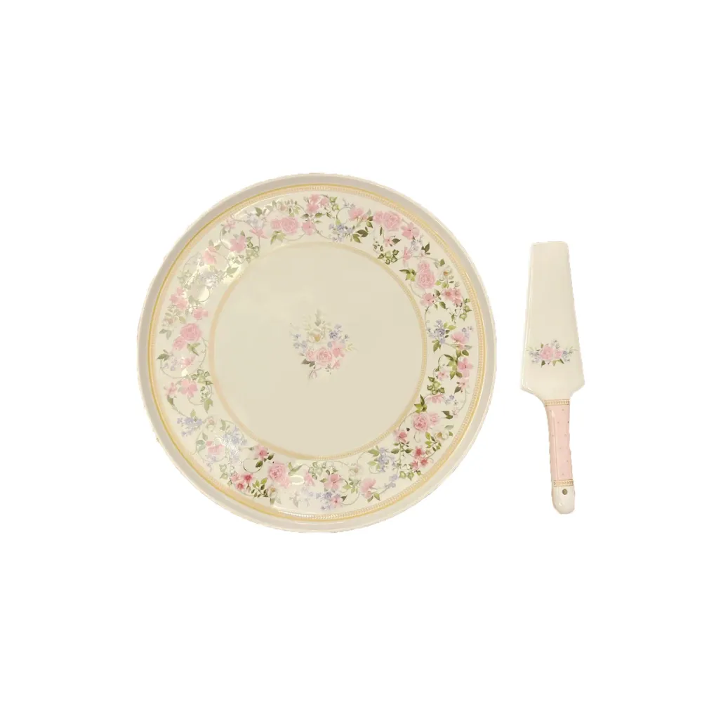 EASY LIFE Piatto torta + paletta porcellana con fantasia floreale rosa Ø32 cm