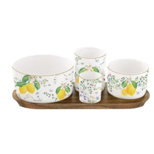 Easy Life Set aperitivo con 4 ciotoline porcellana e vassoio acacia 29x13 cm Collezione FLeurs et citrons
